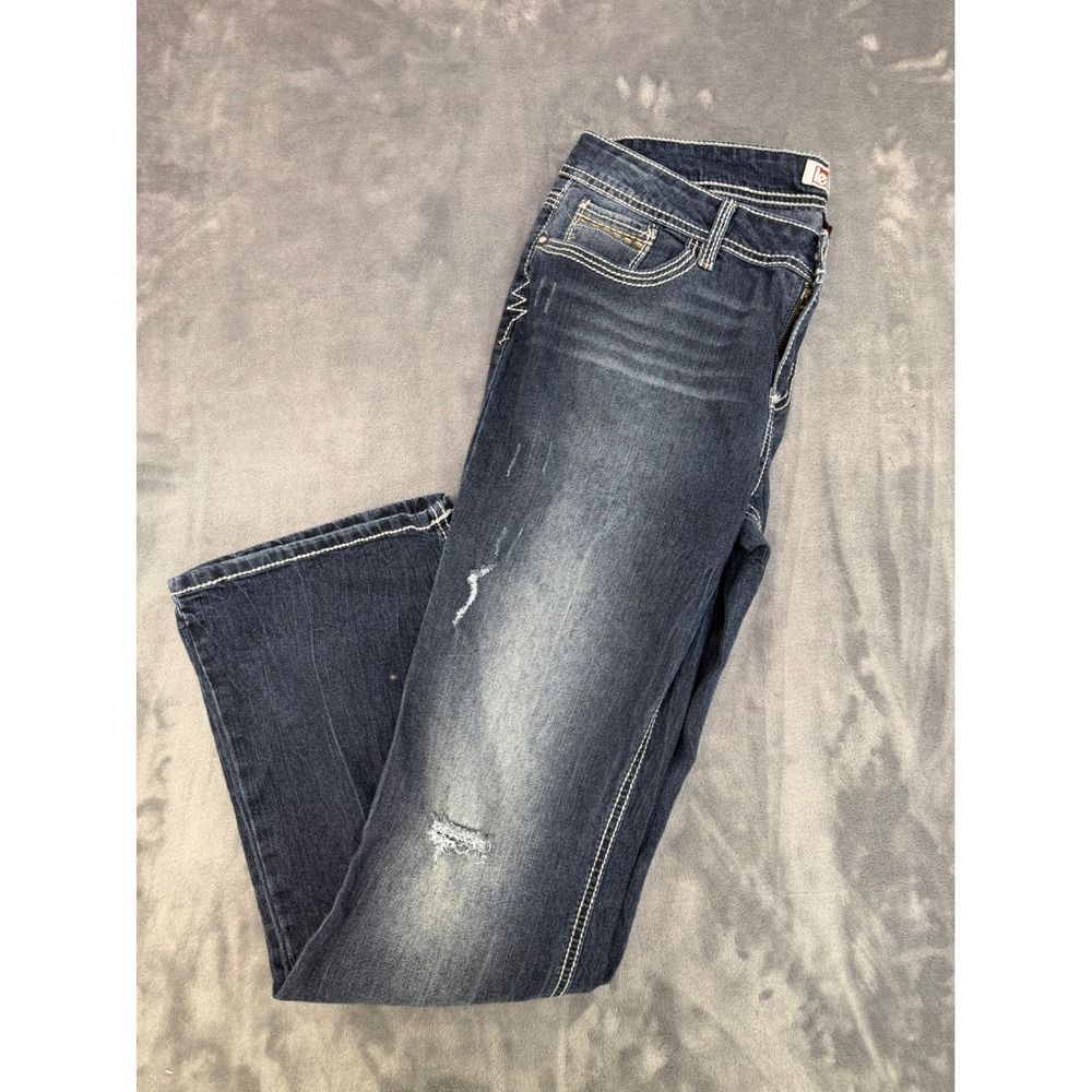 Lei Ashley Bootcut Jeans Dark Wash Distressed Embroidered Flap Pocket Size 11/30